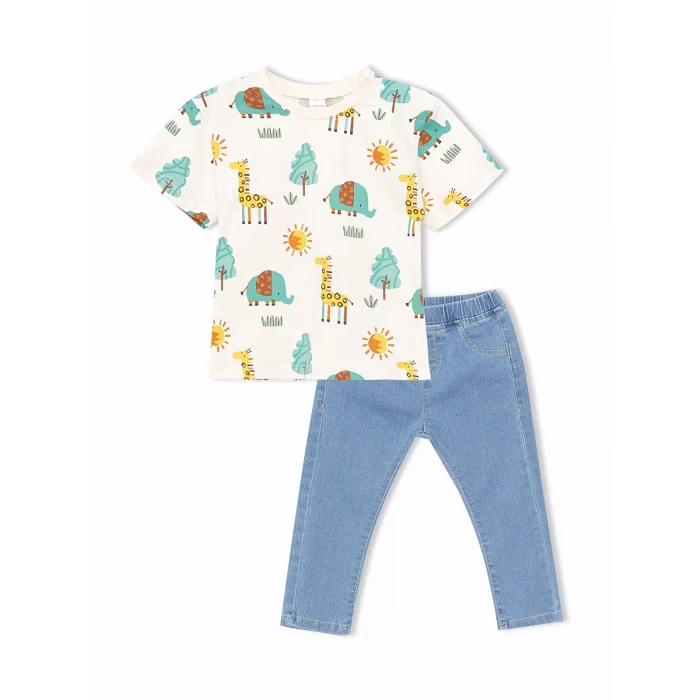 LCW baby Bej Bisiklet Yaka Kısa Kollu Erkek Bebek Tişört ve Pantolon 2li Takım