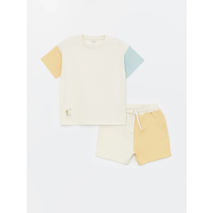 LCW Kids Bej Bisiklet Yaka Kısa Kollu Erkek Bebek Tişört ve Şort 2li Takım
