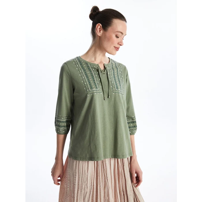 LCW Grace Haki Bağlamalı Yaka Desenli Kadın Bluz