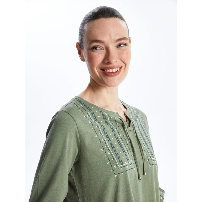 LCW Grace Haki Bağlamalı Yaka Desenli Kadın Bluz