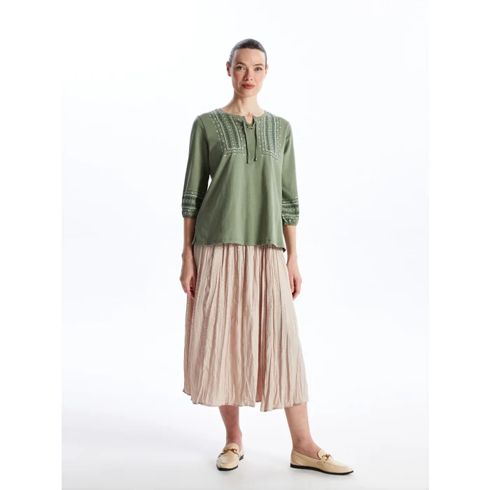 LCW Grace Haki Bağlamalı Yaka Desenli Kadın Bluz