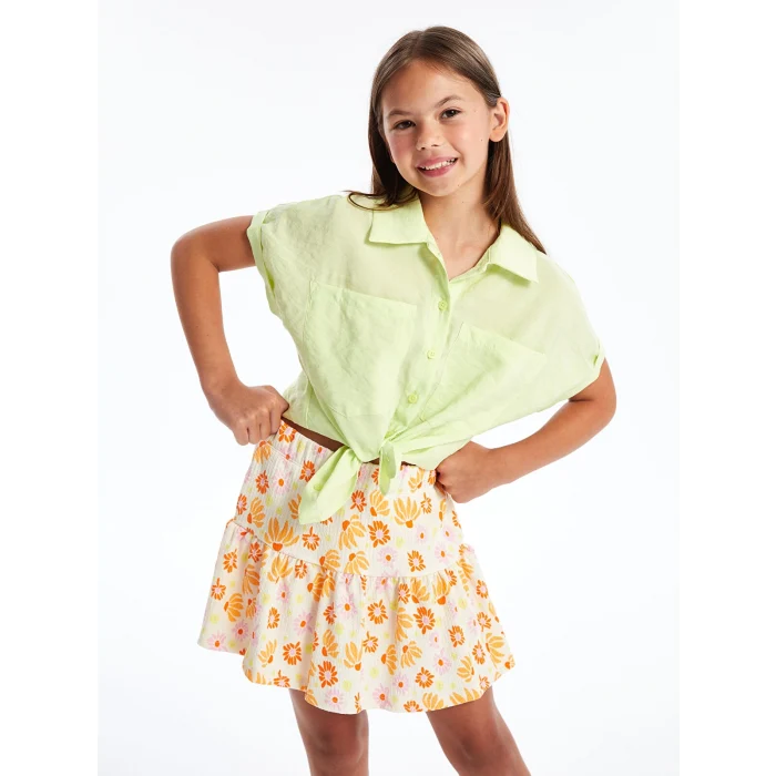 LCW Kids Ekru Beli Lastikli Çiçekli Kız Çocuk Şort Etek