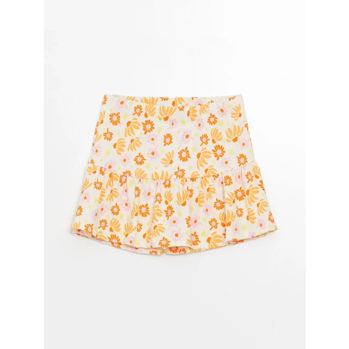 LCW Kids Ekru Beli Lastikli Çiçekli Kız Çocuk Şort Etek