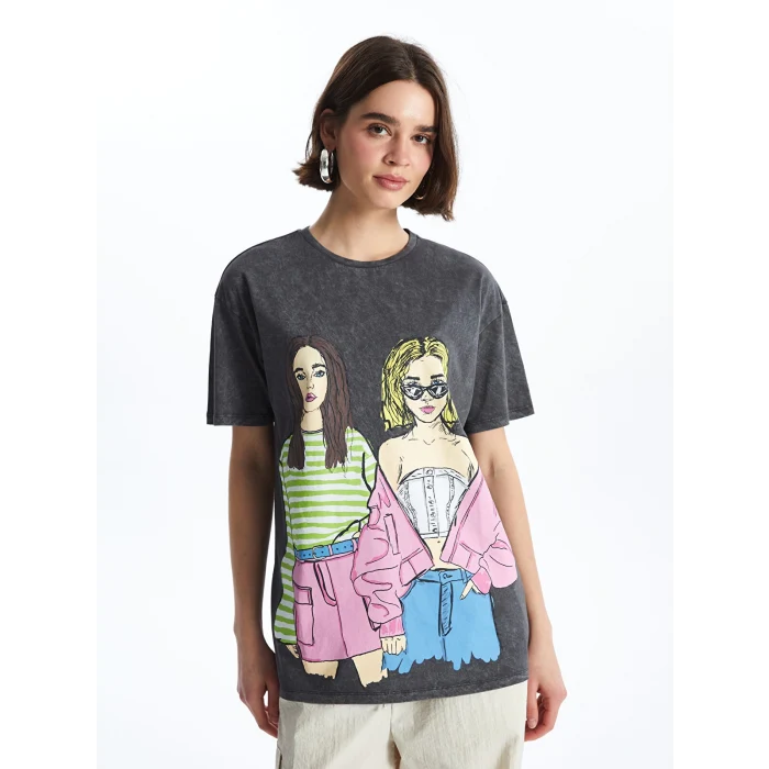 XSIDE Antrasit Bisiklet Yaka Baskılı Kısa Kollu Kadın Tişört