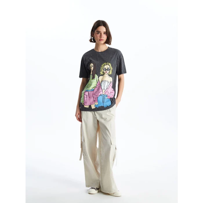 XSIDE Antrasit Bisiklet Yaka Baskılı Kısa Kollu Kadın Tişört