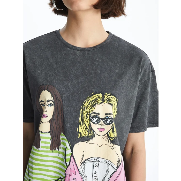 XSIDE Antrasit Bisiklet Yaka Baskılı Kısa Kollu Kadın Tişört