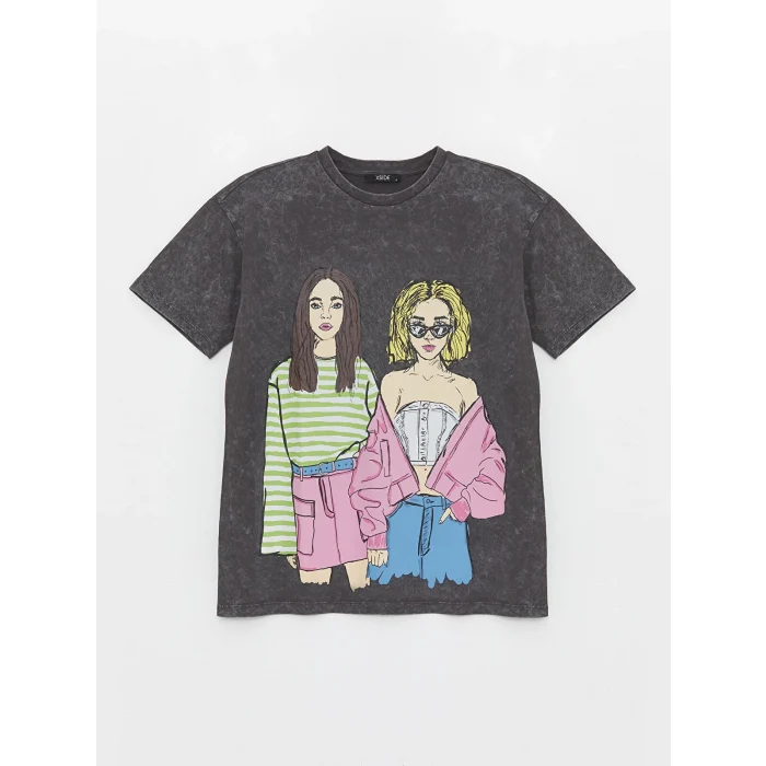 XSIDE Antrasit Bisiklet Yaka Baskılı Kısa Kollu Kadın Tişört