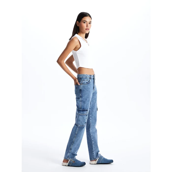 LCW Jeans Indigo Straight Fit Kadın Kargo Jean Pantolon