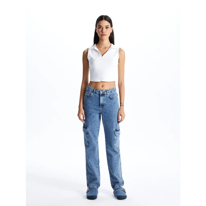 LCW Jeans Indigo Straight Fit Kadın Kargo Jean Pantolon