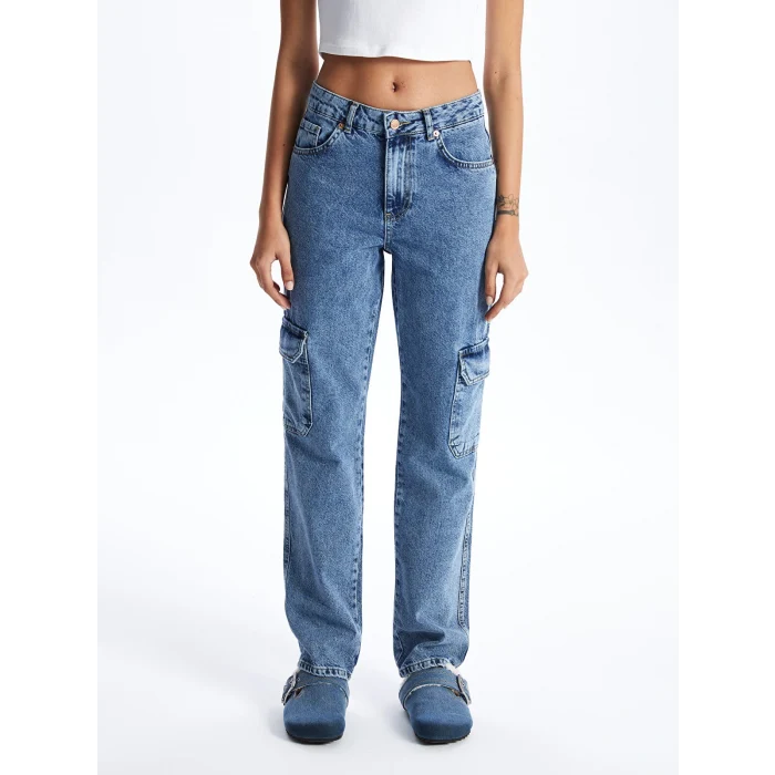 LCW Jeans Indigo Straight Fit Kadın Kargo Jean Pantolon