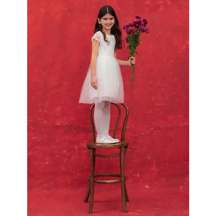LCW Kids Beyaz Bisiklet Yaka Kısa Kollu Kız Çocuk Tül Elbise