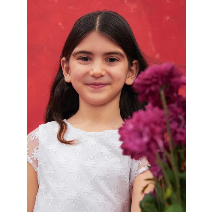 LCW Kids Beyaz Bisiklet Yaka Kısa Kollu Kız Çocuk Tül Elbise