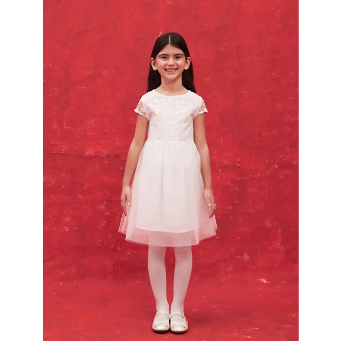 LCW Kids Beyaz Bisiklet Yaka Kısa Kollu Kız Çocuk Tül Elbise