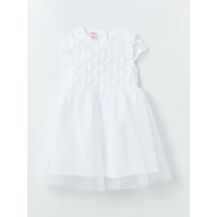 LCW Kids Beyaz Bisiklet Yaka Kısa Kollu Kız Çocuk Tül Elbise