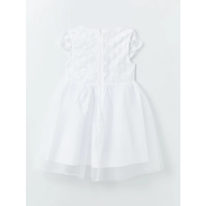 LCW Kids Beyaz Bisiklet Yaka Kısa Kollu Kız Çocuk Tül Elbise