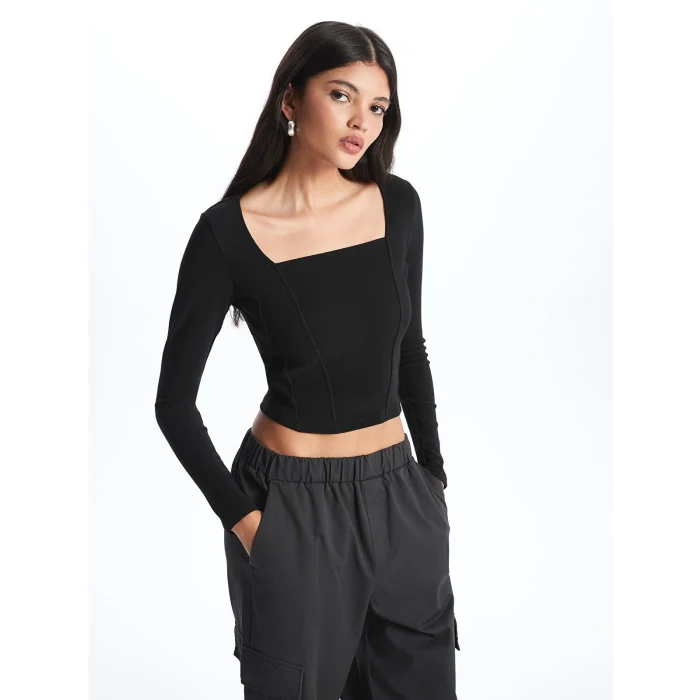 LCW Vision Siyah Kare Yaka Düz Uzun Kollu Ottoman Kadın Bluz