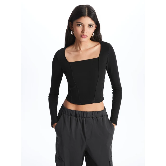 LCW Vision Siyah Kare Yaka Düz Uzun Kollu Ottoman Kadın Bluz