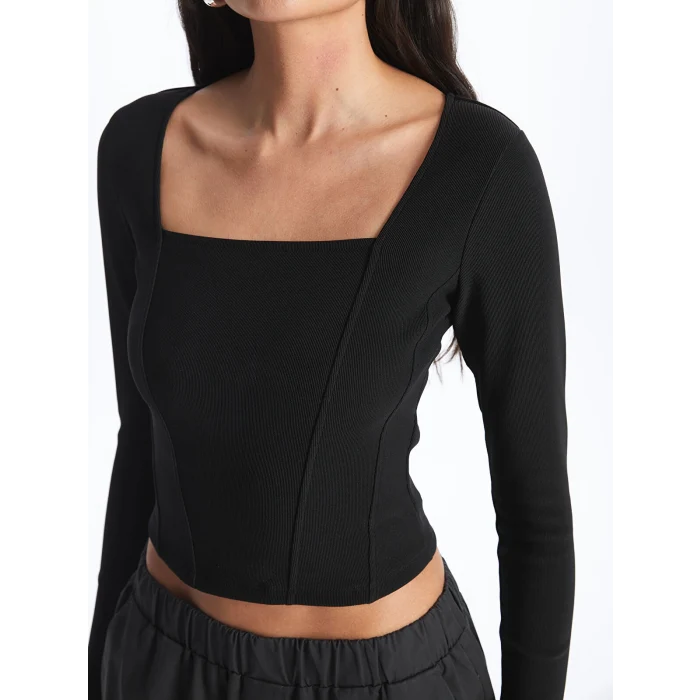 LCW Vision Siyah Kare Yaka Düz Uzun Kollu Ottoman Kadın Bluz