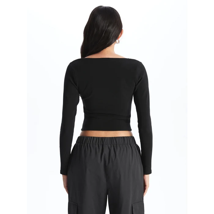 LCW Vision Siyah Kare Yaka Düz Uzun Kollu Ottoman Kadın Bluz