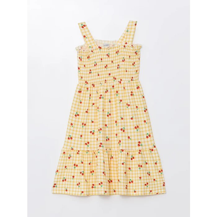 LCW Kids Sari Kare Yaka Baskılı Kız Çocuk Elbise