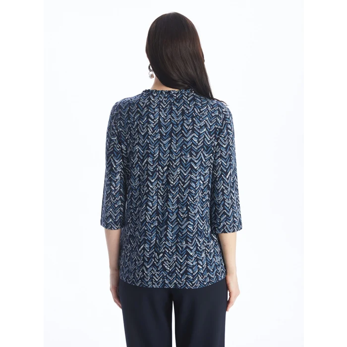LCW Grace Lacivert Bağlamalı Yaka Desenli Kadın Tişört
