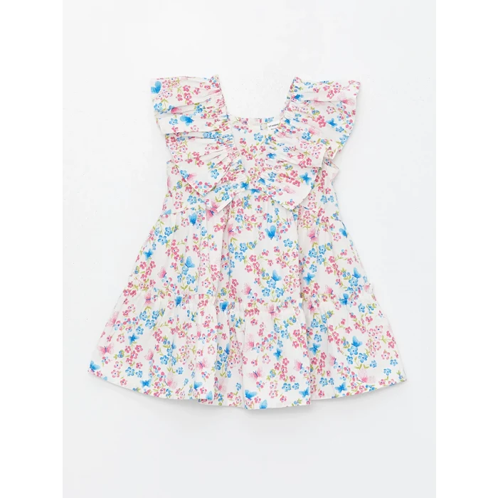 LCW Kids Ekru V Yaka Kısa Kollu Çiçekli Kız Bebek Elbise