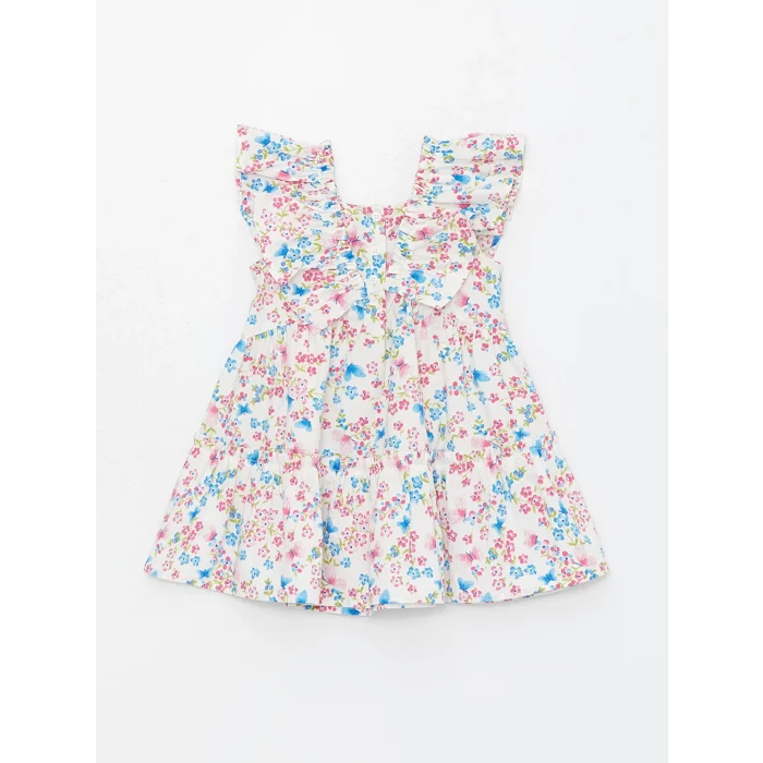 LCW Kids Ekru V Yaka Kısa Kollu Çiçekli Kız Bebek Elbise