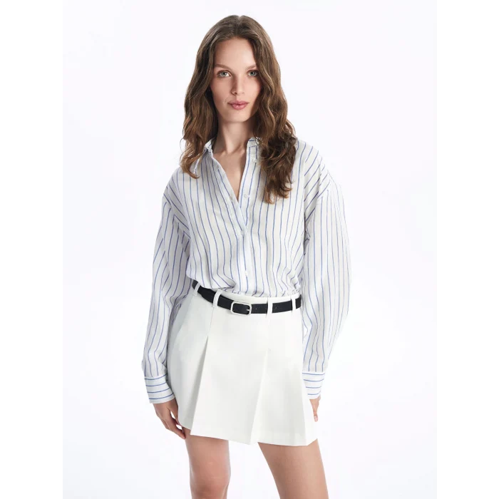 LCW Vision Beyaz Çizgili Uzun Kollu Oversize Kadın Gömlek