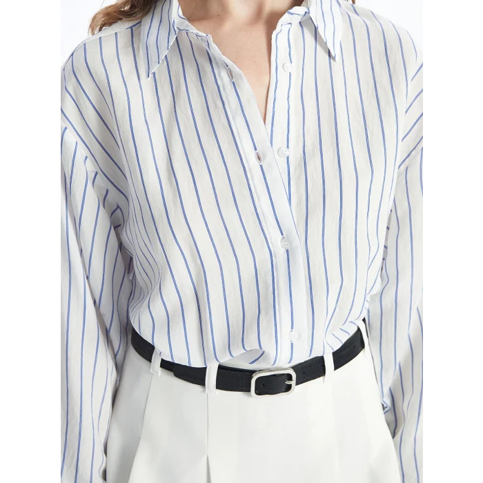LCW Vision Beyaz Çizgili Uzun Kollu Oversize Kadın Gömlek