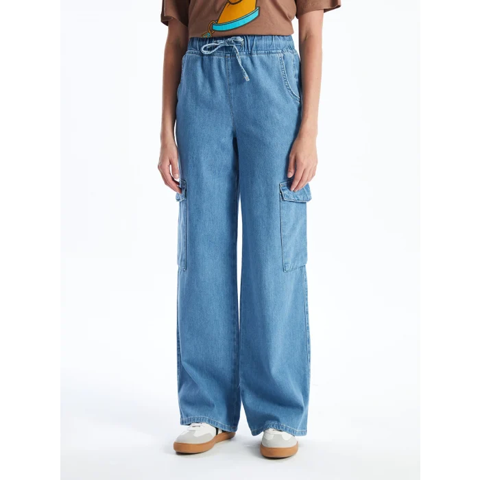 LCW Jeans Indigo Beli Lastikli Wideleg Kadın Kargo Jean Pantolon
