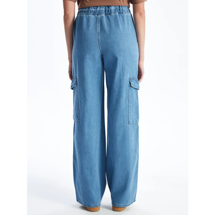 LCW Jeans Indigo Beli Lastikli Wideleg Kadın Kargo Jean Pantolon