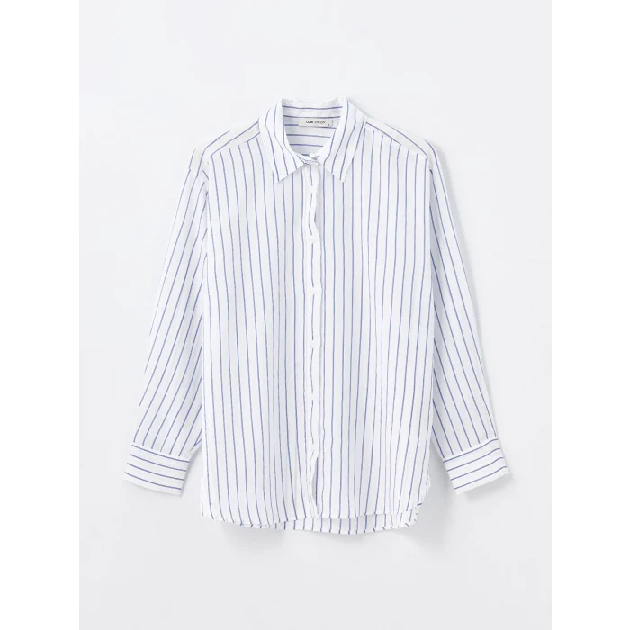 LCW Vision Beyaz Çizgili Uzun Kollu Oversize Kadın Gömlek