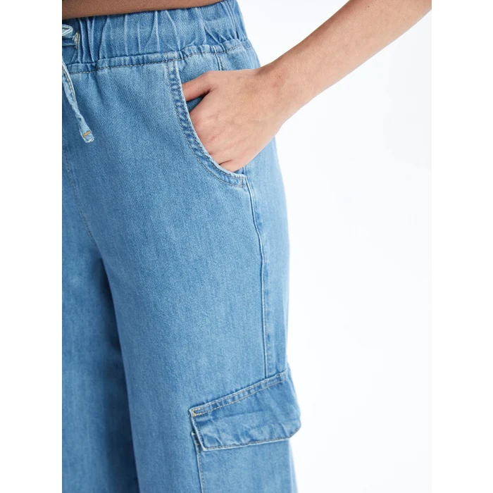 LCW Jeans Indigo Beli Lastikli Wideleg Kadın Kargo Jean Pantolon