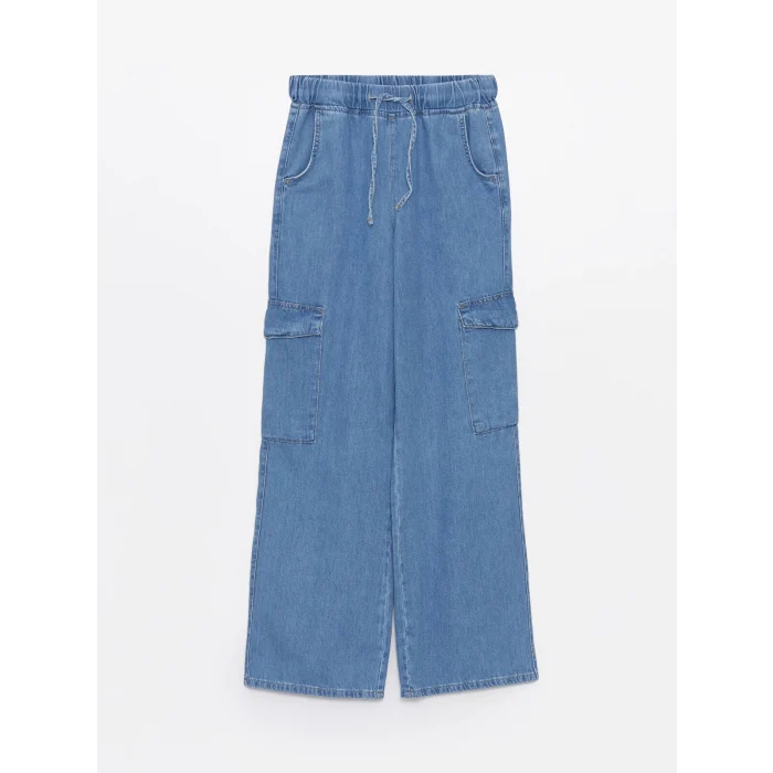 LCW Jeans Indigo Beli Lastikli Wideleg Kadın Kargo Jean Pantolon