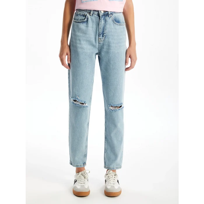 XSIDE Mavi Yüksek Bel Mom Fit Yırtık Detaylı Kadın Jean Pantolon