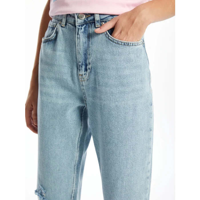 XSIDE Mavi Yüksek Bel Mom Fit Yırtık Detaylı Kadın Jean Pantolon
