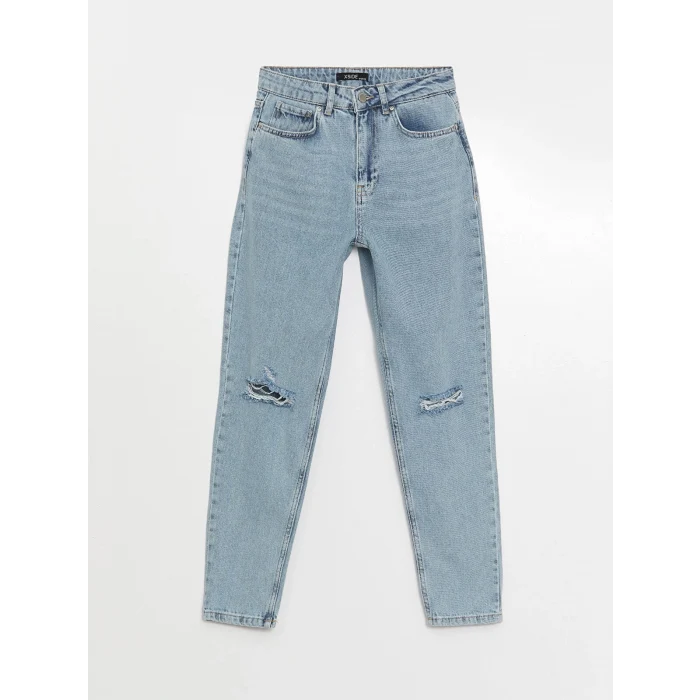 XSIDE Mavi Yüksek Bel Mom Fit Yırtık Detaylı Kadın Jean Pantolon