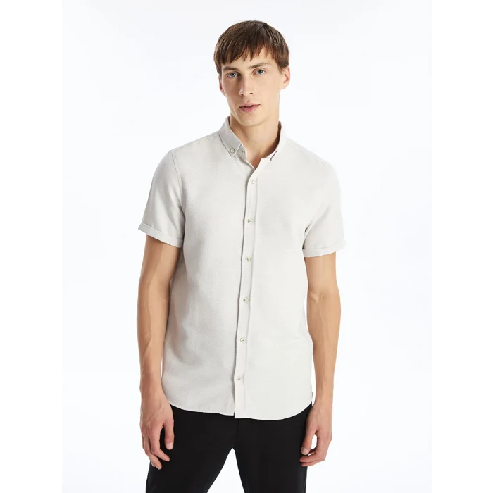 LCW Vision Bej Slim Fit Kısa Kollu Armürlü Erkek Gömlek