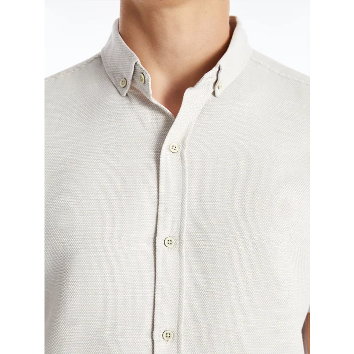 LCW Vision Bej Slim Fit Kısa Kollu Armürlü Erkek Gömlek