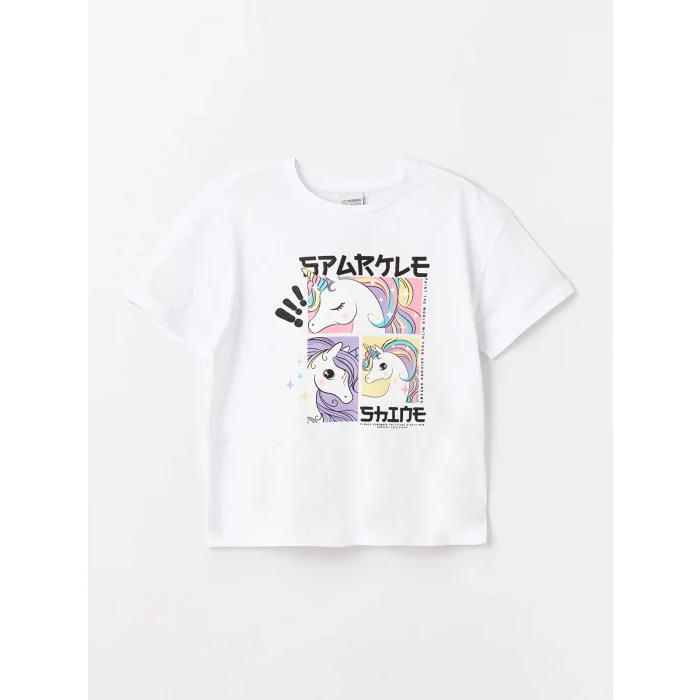 LCW Kids Beyaz Bisiklet Yaka Baskılı Kısa Kollu Kız Çocuk Tişört ve Tayt