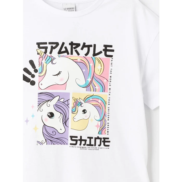 LCW Kids Beyaz Bisiklet Yaka Baskılı Kısa Kollu Kız Çocuk Tişört ve Tayt