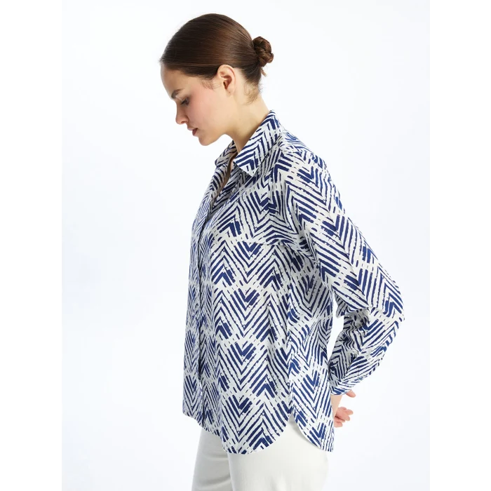 LCWAIKIKI Classic Indigo Desenli Uzun Kollu Poplin Kadın Gömlek