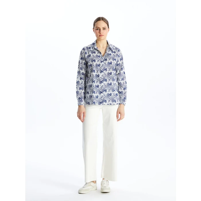 LCWAIKIKI Classic Indigo Desenli Uzun Kollu Poplin Kadın Gömlek