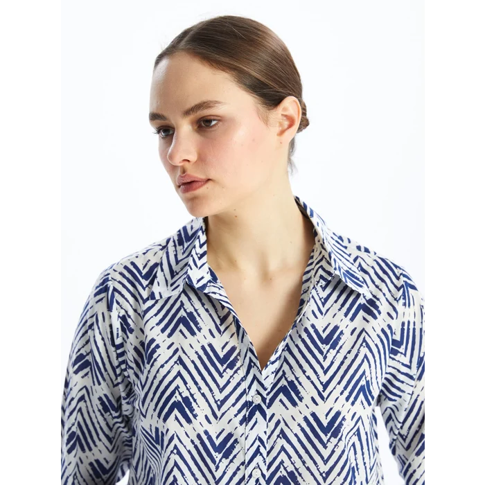 LCWAIKIKI Classic Indigo Desenli Uzun Kollu Poplin Kadın Gömlek