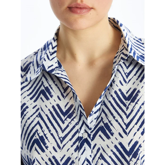 LCWAIKIKI Classic Indigo Desenli Uzun Kollu Poplin Kadın Gömlek