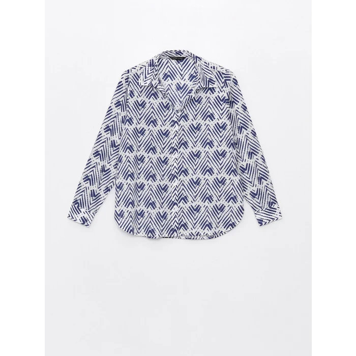LCWAIKIKI Classic Indigo Desenli Uzun Kollu Poplin Kadın Gömlek
