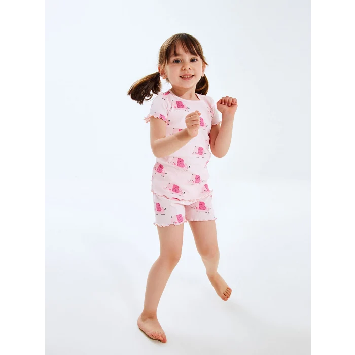 LCW baby Pembe Bisiklet Yaka Kız Bebek Şortlu Pijama Takımı