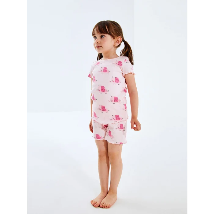 LCW baby Pembe Bisiklet Yaka Kız Bebek Şortlu Pijama Takımı