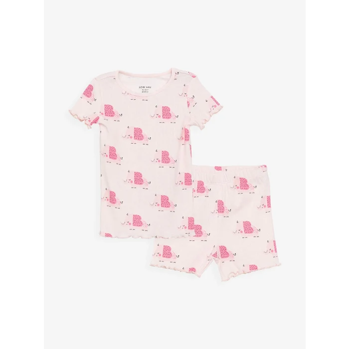 LCW baby Pembe Bisiklet Yaka Kız Bebek Şortlu Pijama Takımı