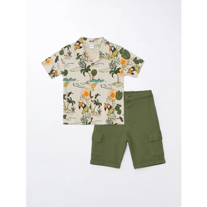 LCW Kids Bej Resort Yaka Kısa Kollu Baskılı Erkek Bebek Gömlek ve Şort 2li Takım